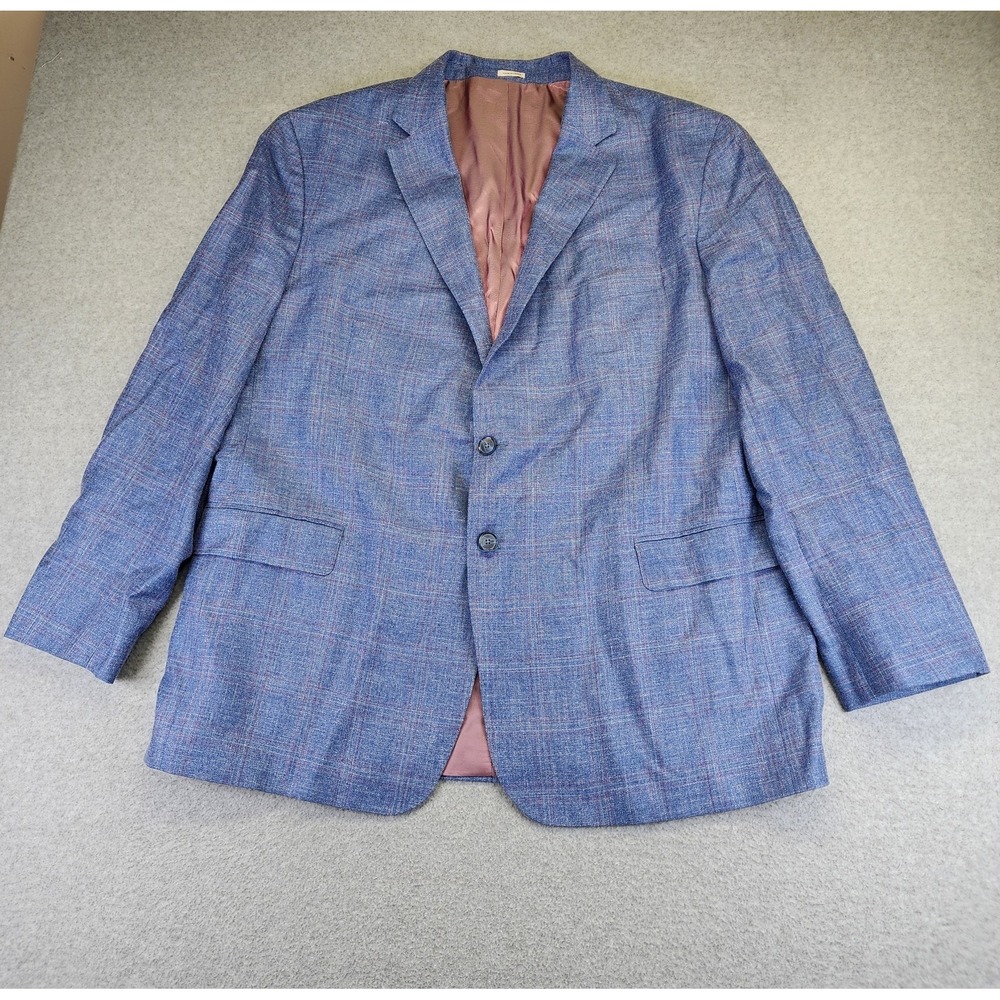 Joseph Abboud Mens 50L WOOL SILK LINEN Plaid Blazer Sport Coat Suit Jacket Blue